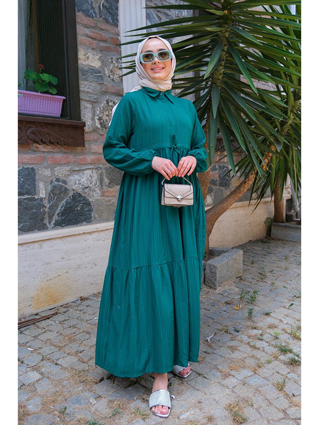 Bel Büzgülü Kadın Elbise Zümrüt Yeşil-2