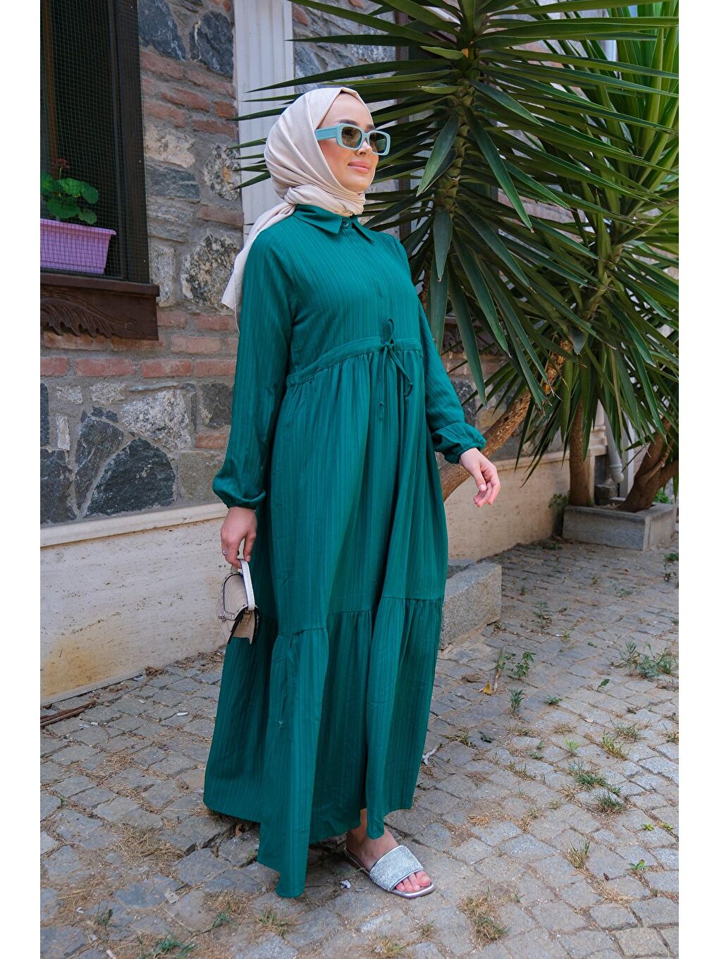 Bel Büzgülü Kadın Elbise Zümrüt Yeşil-3