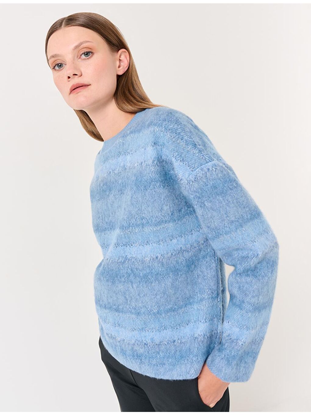 Açık Mavi Bisiklet Yaka Uzun Kollu Polar Kazak