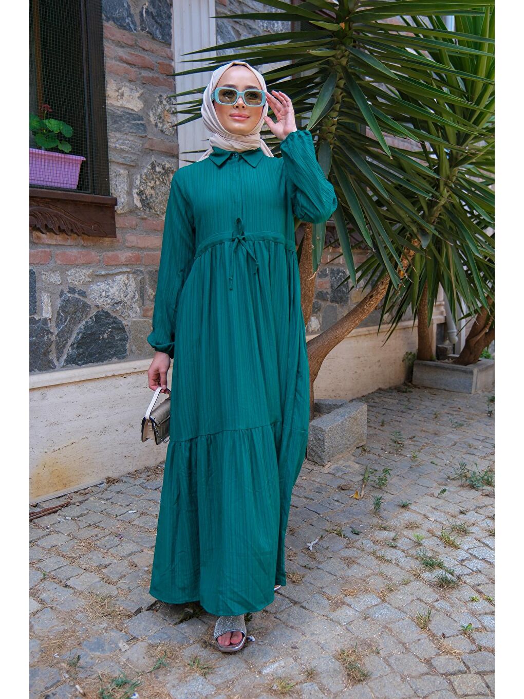 Bel Büzgülü Kadın Elbise Zümrüt Yeşil-4
