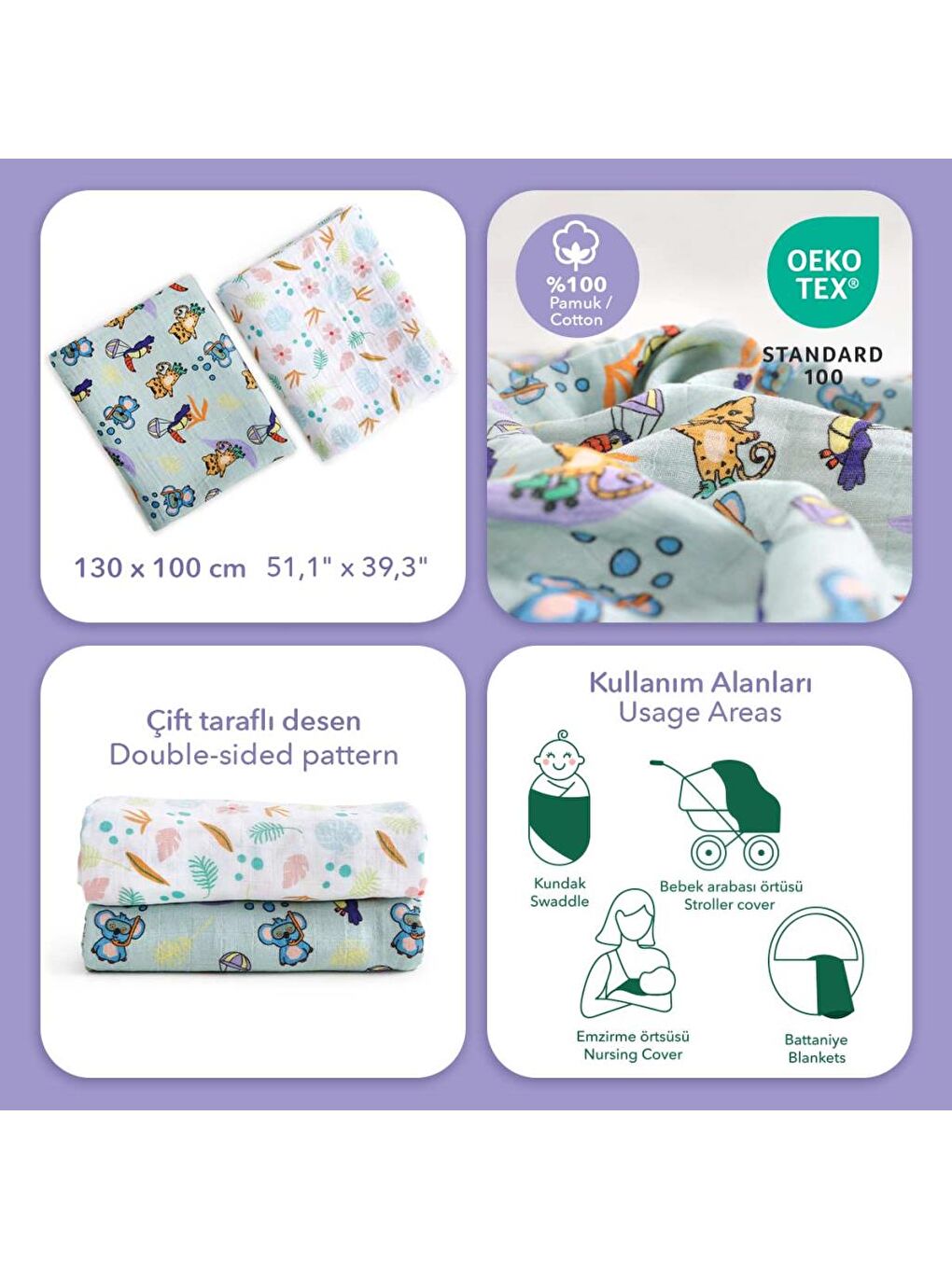 Beyaz Müslin Örtü 2'Li Set Jungle Friends-1
