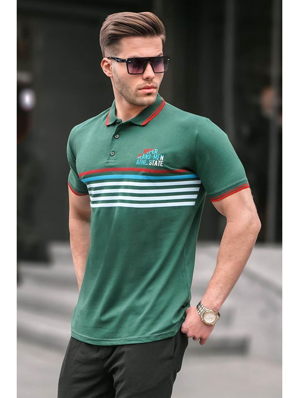 Yeşil Çizgili Polo Yaka Tişört 5869