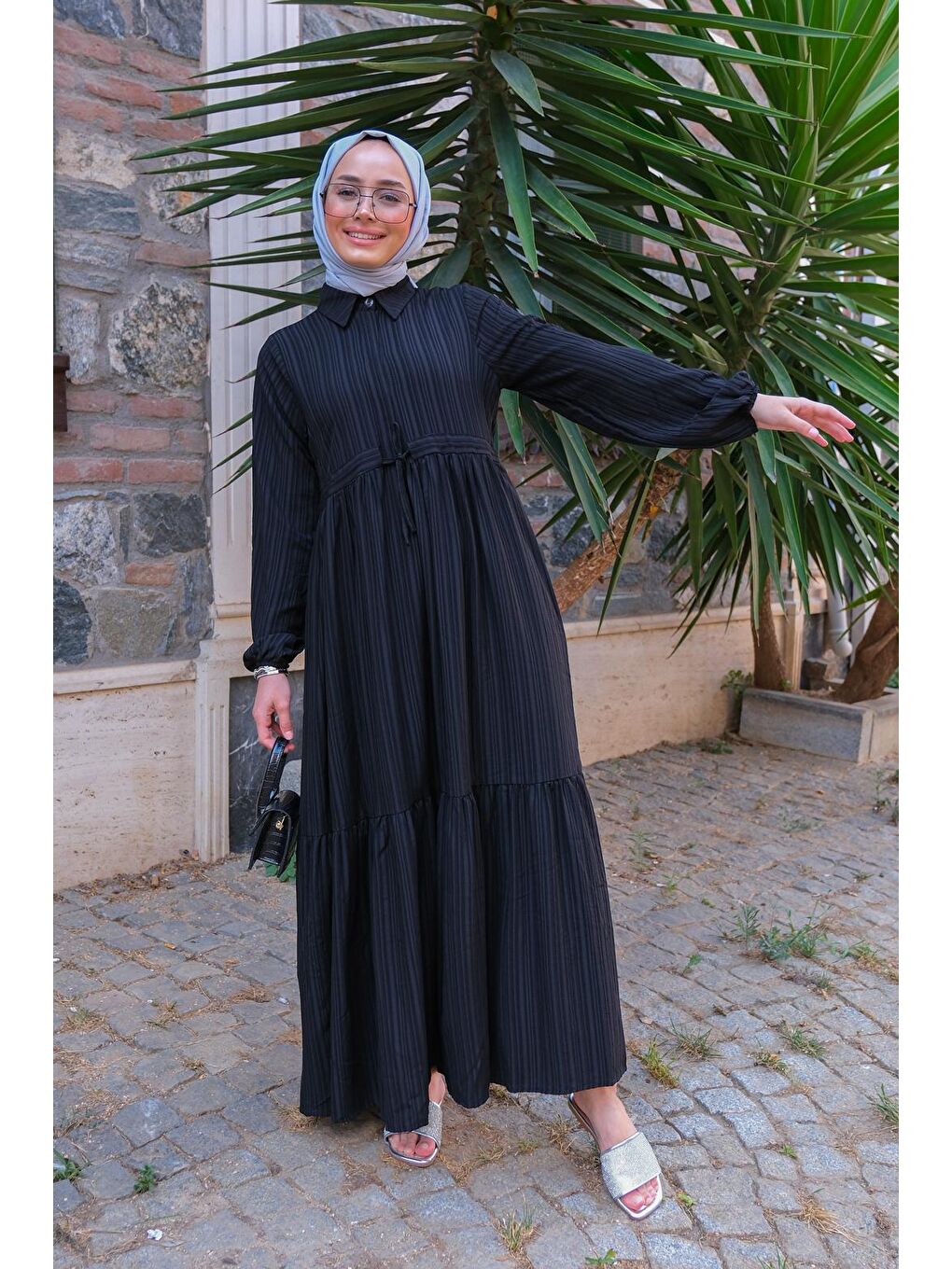 Bel Büzgülü Kadın Tesettür Elbise Siyah