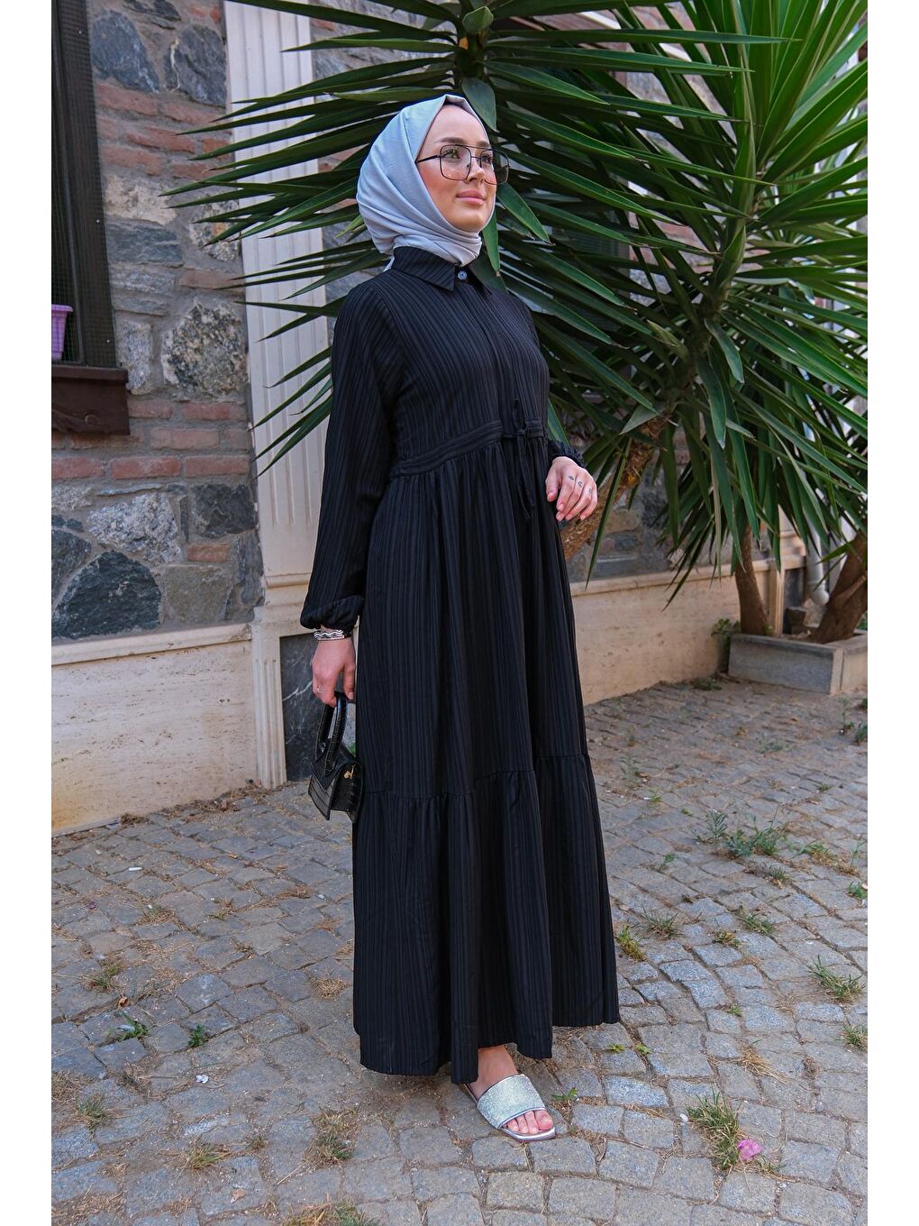 Bel Büzgülü Kadın Tesettür Elbise Siyah-2