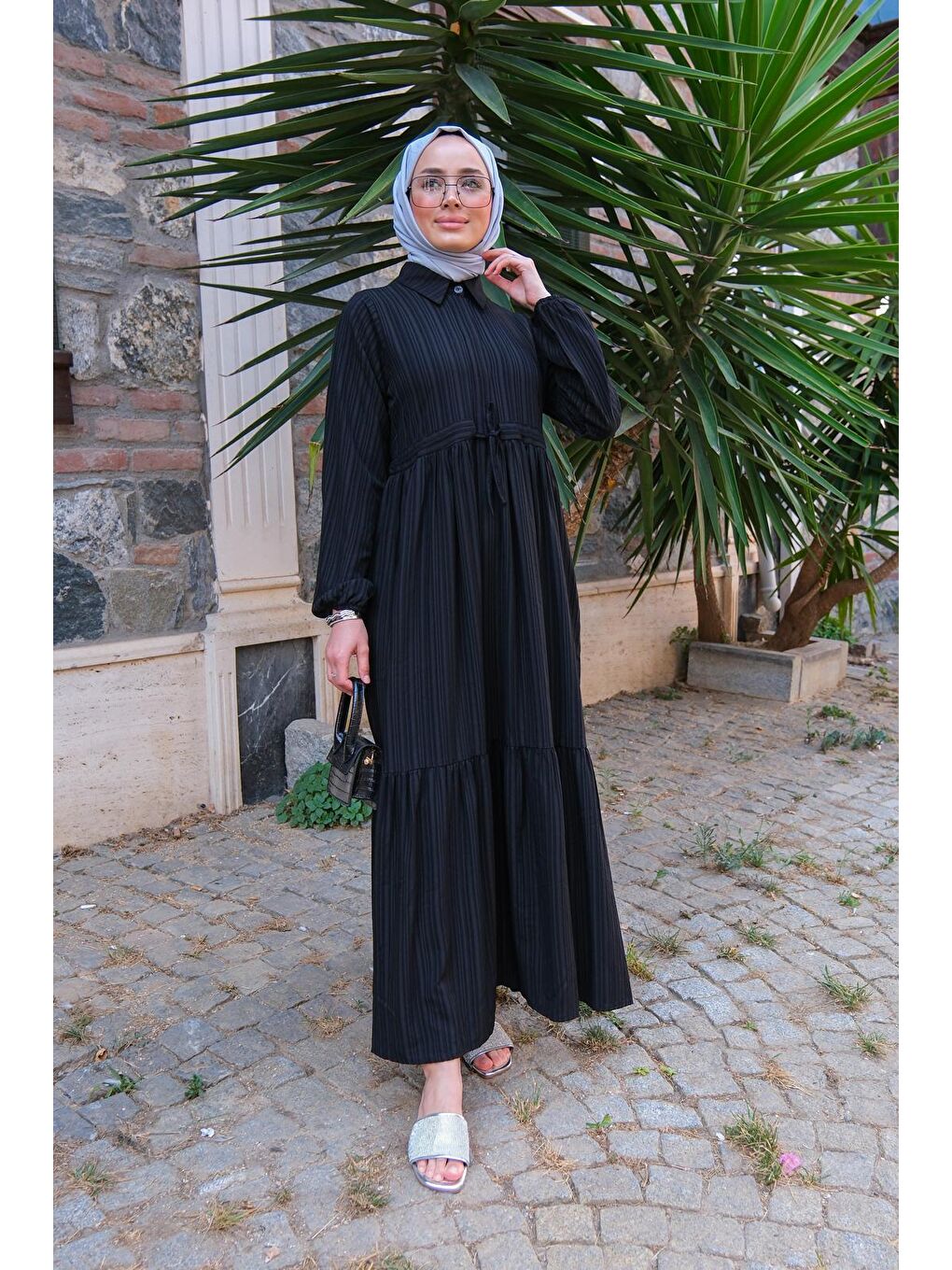 Bel Büzgülü Kadın Tesettür Elbise Siyah-3