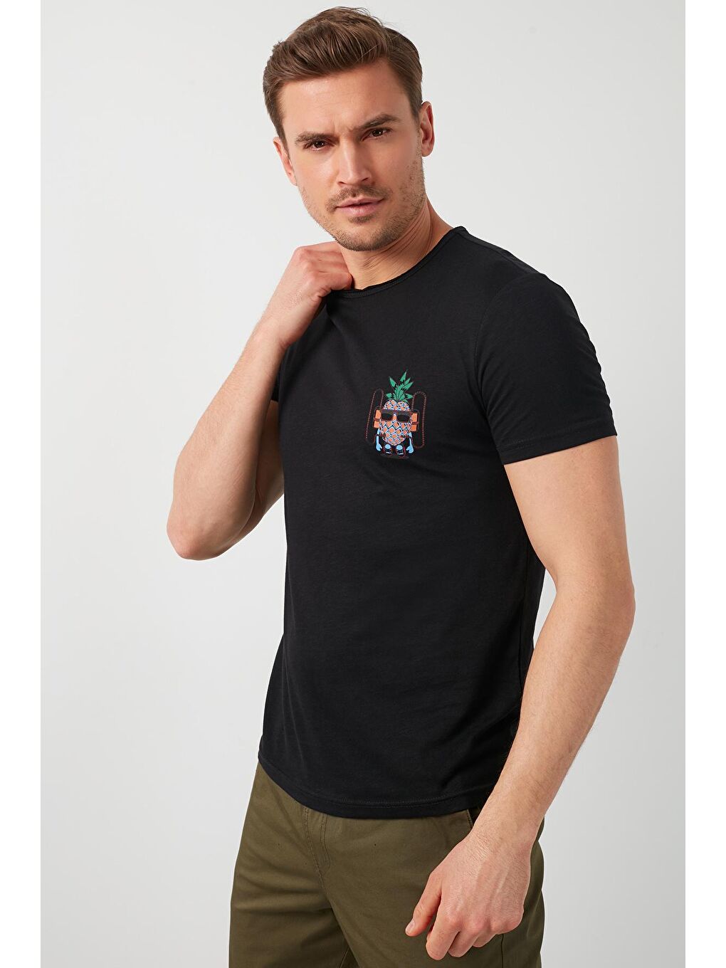 Siyah % 100 Pamuklu Baskılı Bisiklet Yaka Tişört 5902264-2