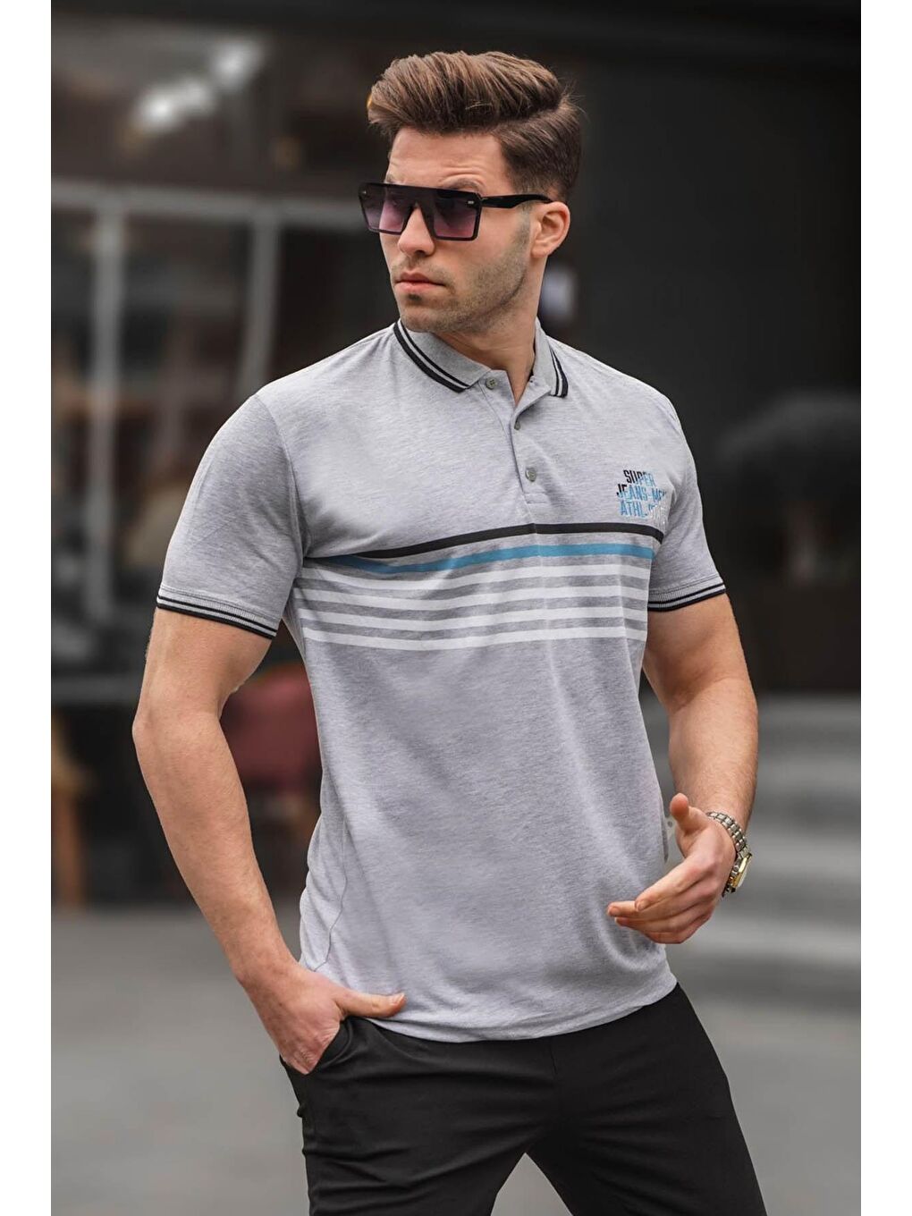 Gri Çizgili Polo Yaka Tişört 5869