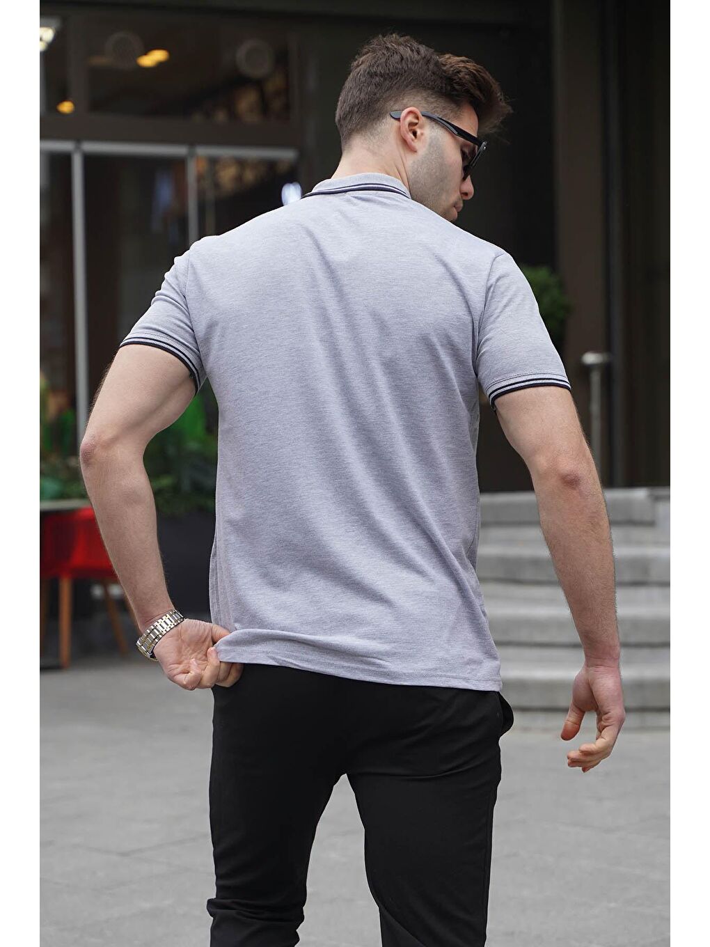 Gri Çizgili Polo Yaka Tişört 5869-1