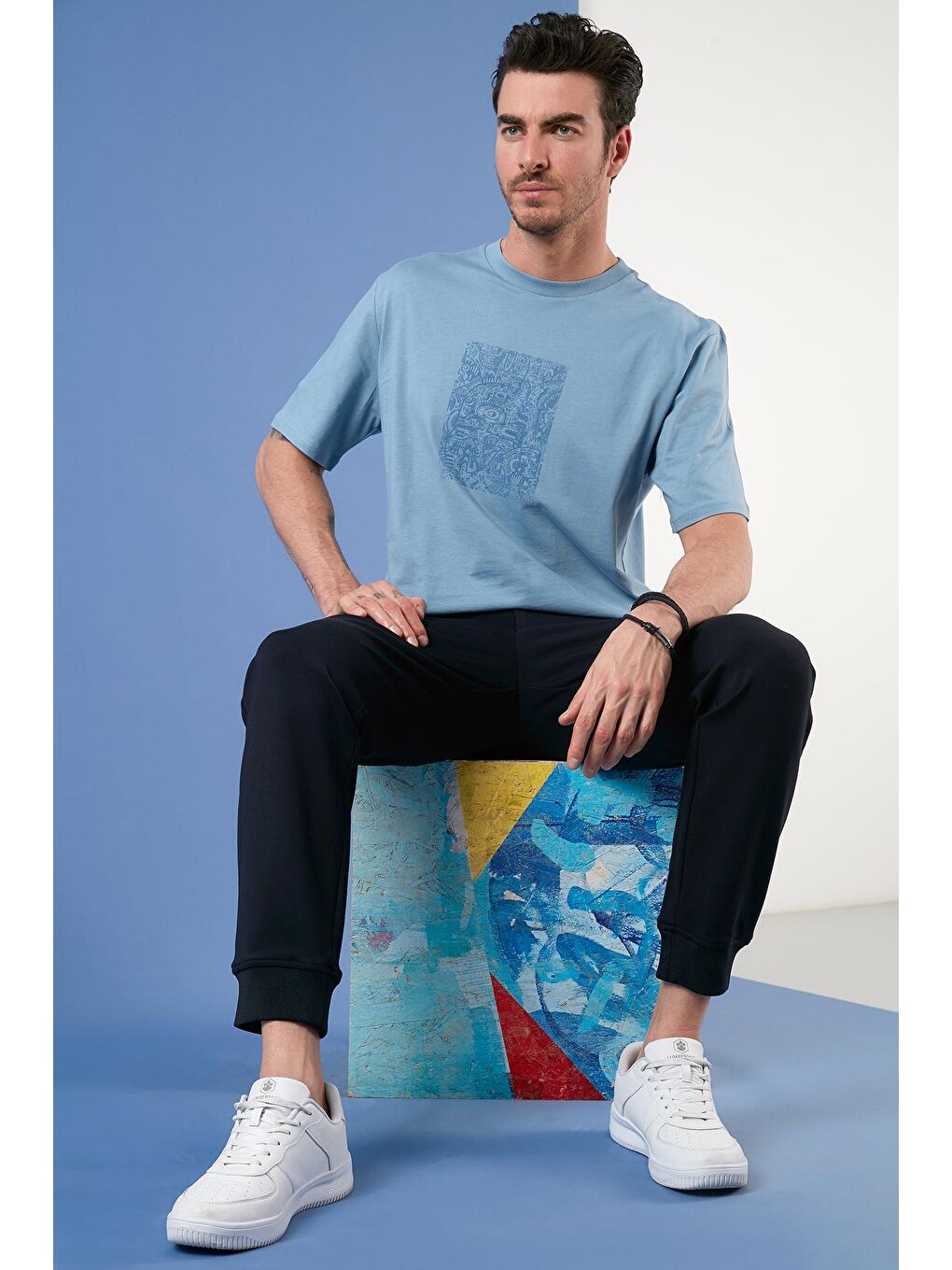 Mavi Pamuklu Oversize Bisiklet Yaka Tişört 5727400