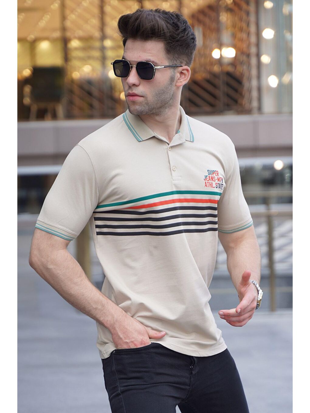 Madmext Bej Çizgili Polo Yaka Tişört 5869 - 1