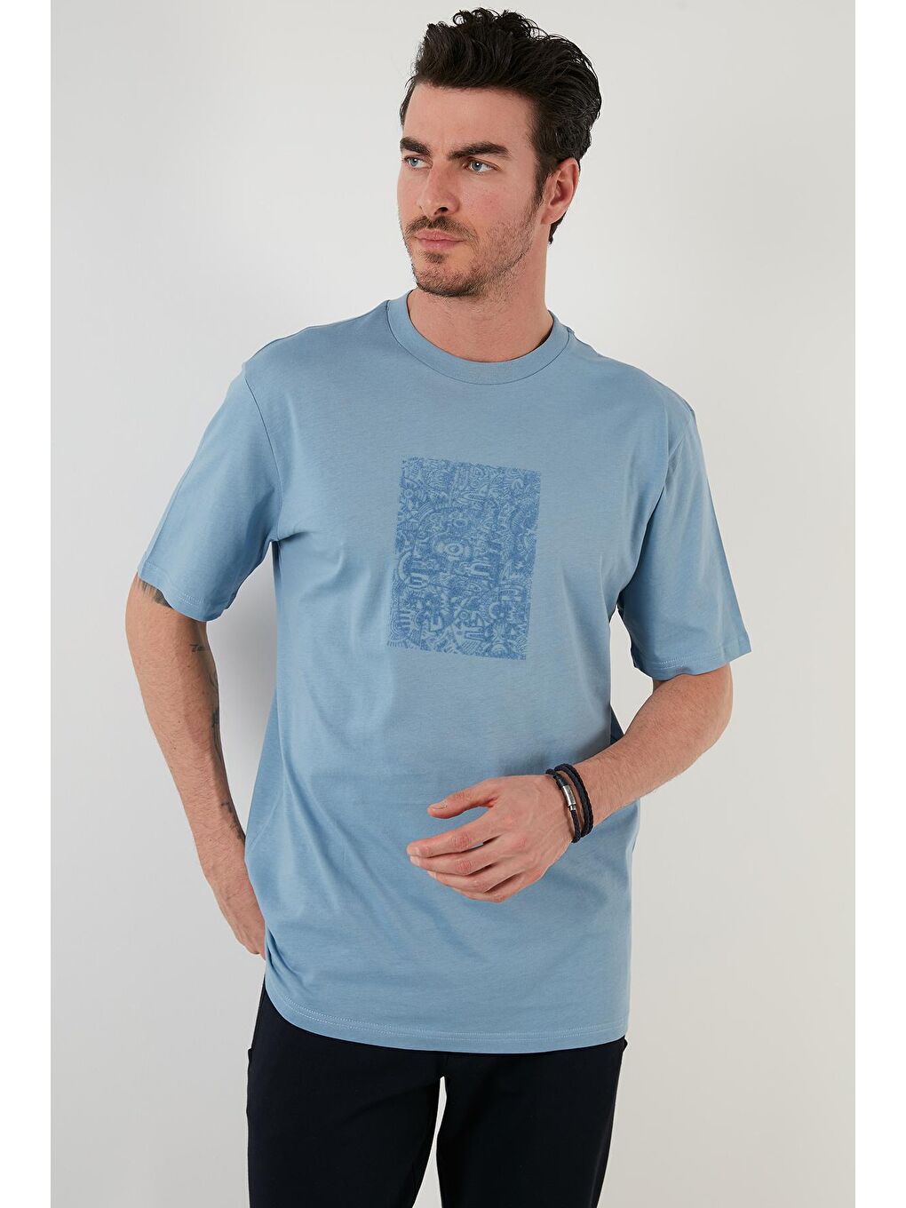 Mavi Pamuklu Oversize Bisiklet Yaka Tişört 5727400-1