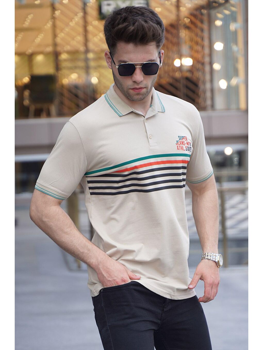 Madmext Bej Çizgili Polo Yaka Tişört 5869 - 2