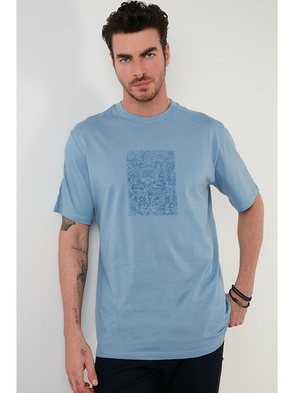 Mavi Pamuklu Oversize Bisiklet Yaka Tişört 5727400-2