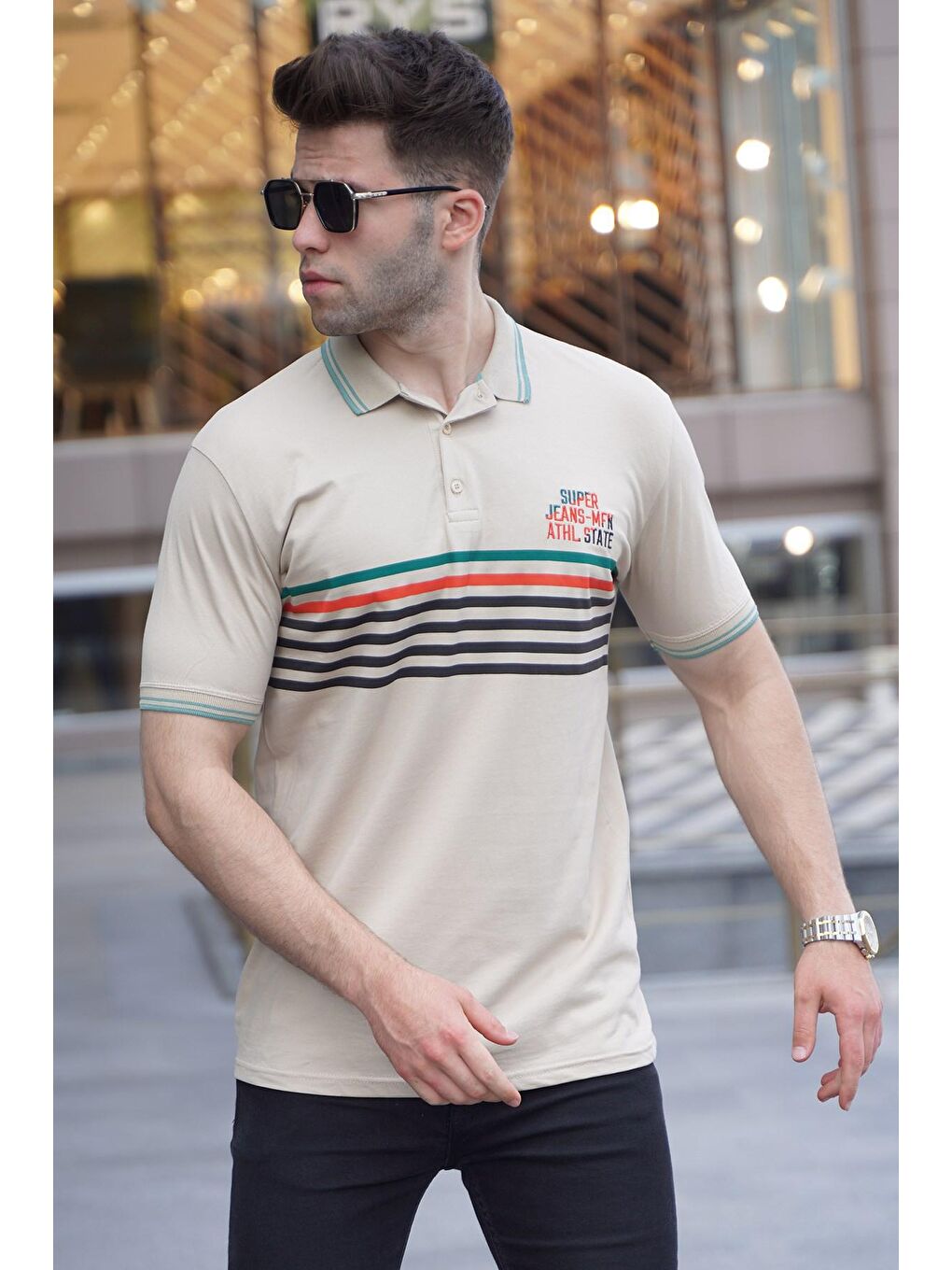 Madmext Bej Çizgili Polo Yaka Tişört 5869 - 3
