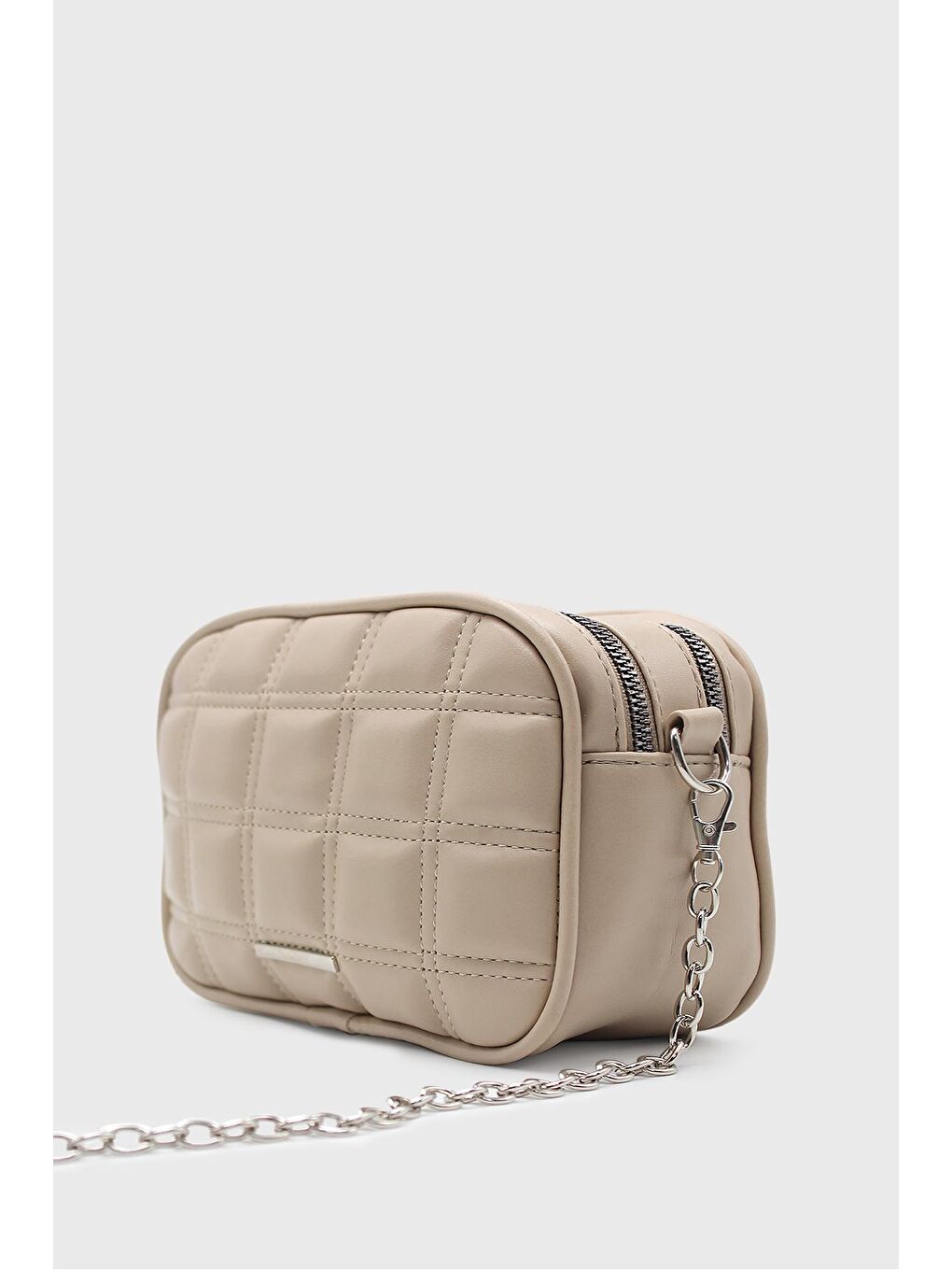 Bej Kadın Çift Fermuarlı Zincir Saplı Çanta-1