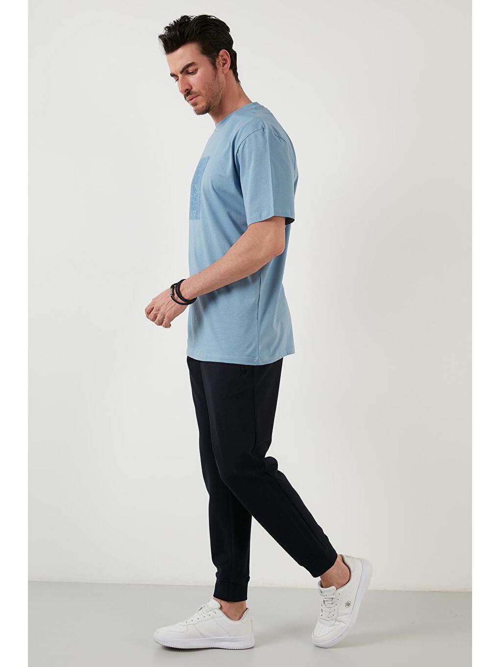 Mavi Pamuklu Oversize Bisiklet Yaka Tişört 5727400-4