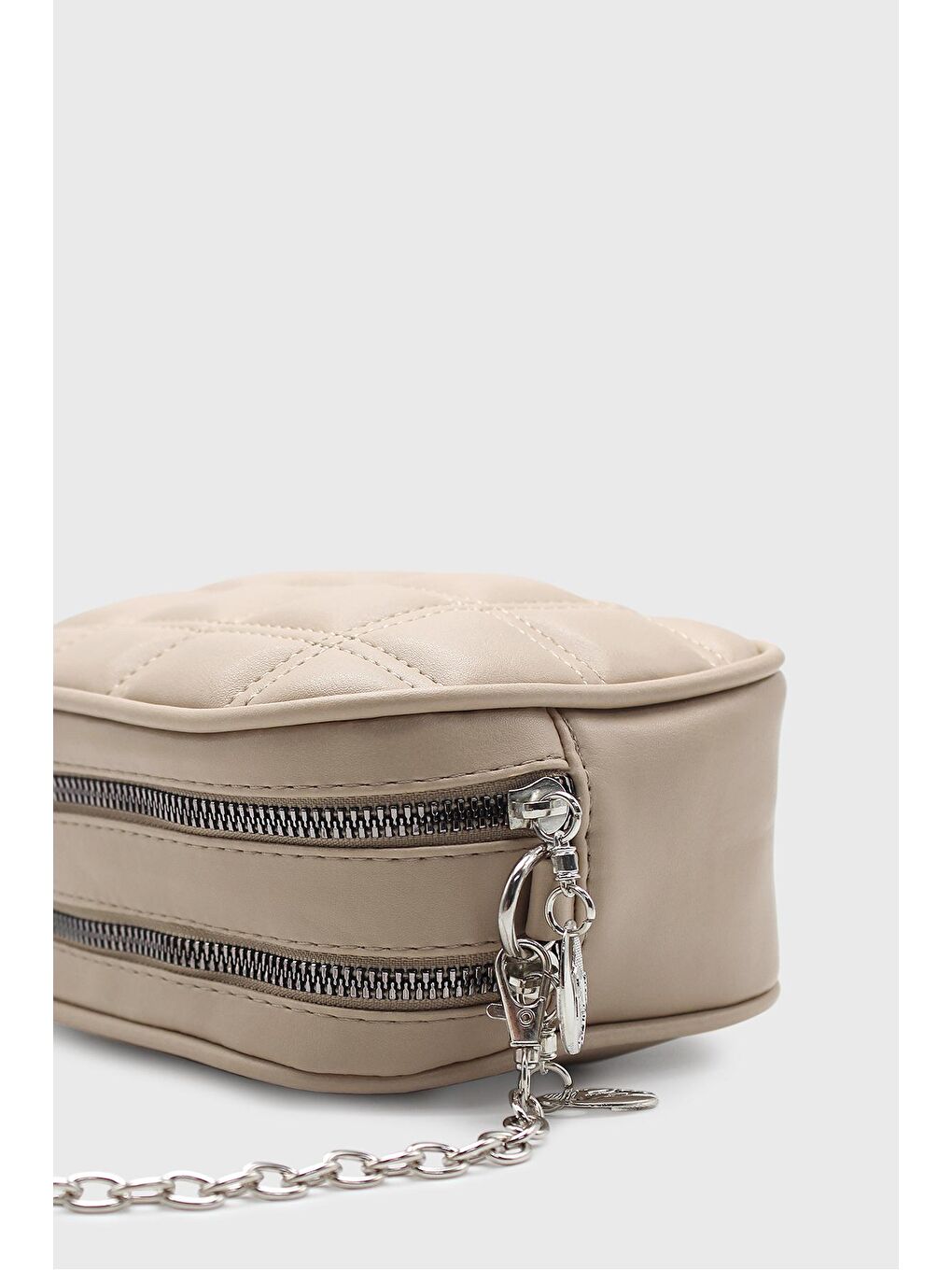 Bej Kadın Çift Fermuarlı Zincir Saplı Çanta-2