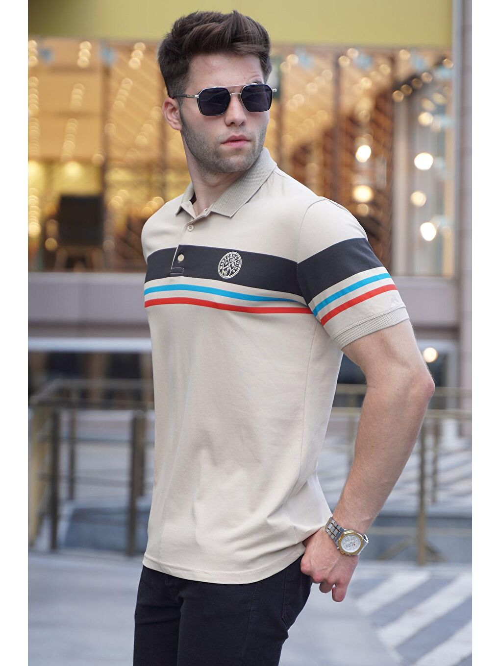 Bej Çizgili Polo Yaka Tişört 5877