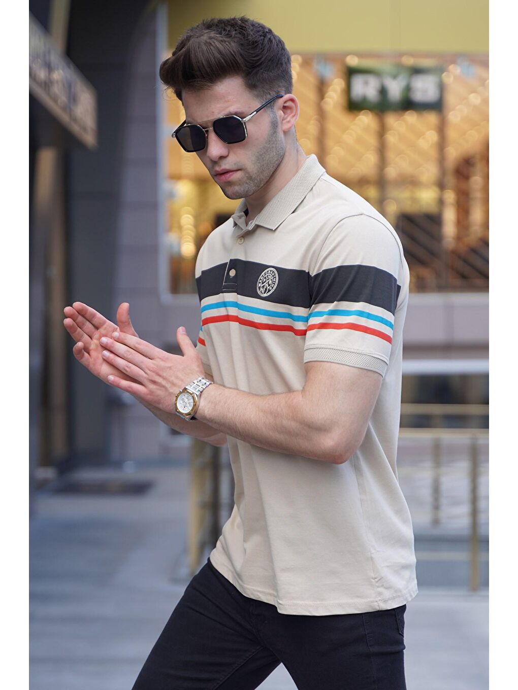 Bej Çizgili Polo Yaka Tişört 5877-1