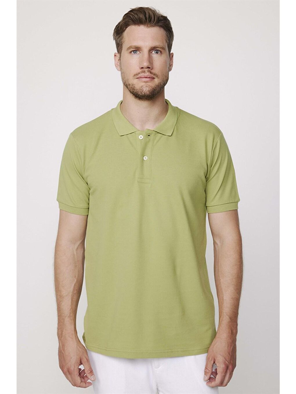 Erkek Slim Fit Dar Kesim %100 Pamuk Düz Pike Haki Polo Yaka Tişört-1