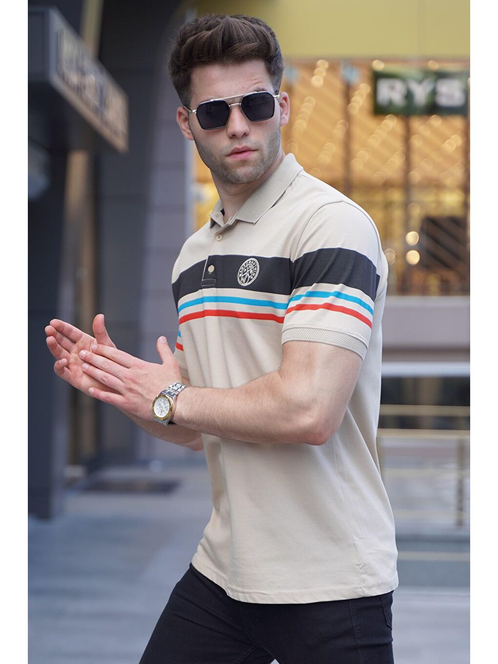 Bej Çizgili Polo Yaka Tişört 5877-2