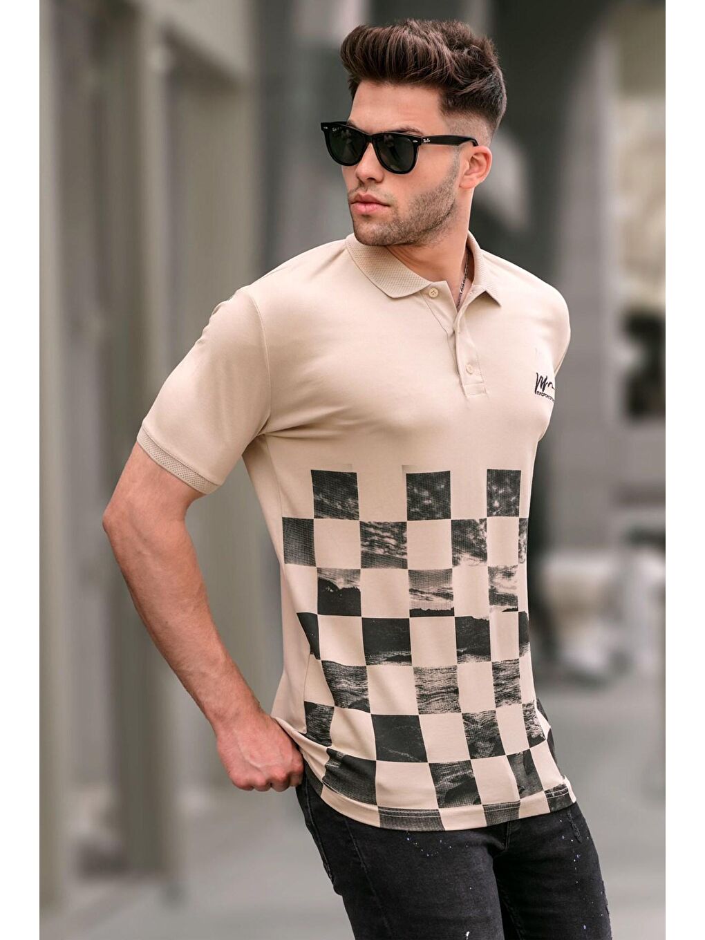 Bej Desenli Erkek Polo Yaka Tişört 5871