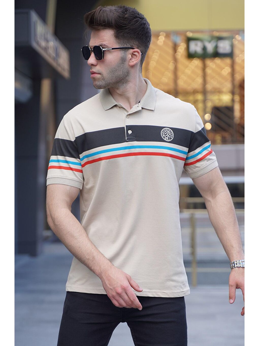 Bej Çizgili Polo Yaka Tişört 5877-3