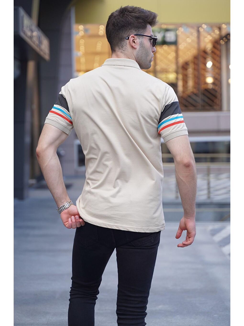 Bej Çizgili Polo Yaka Tişört 5877-4