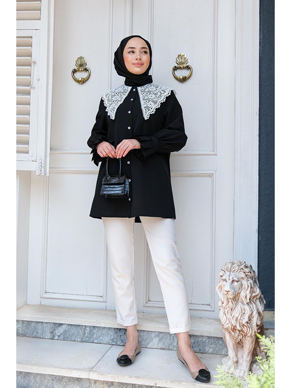 Kadın Dantel Detay Tesettür Gömlek Siyah-1