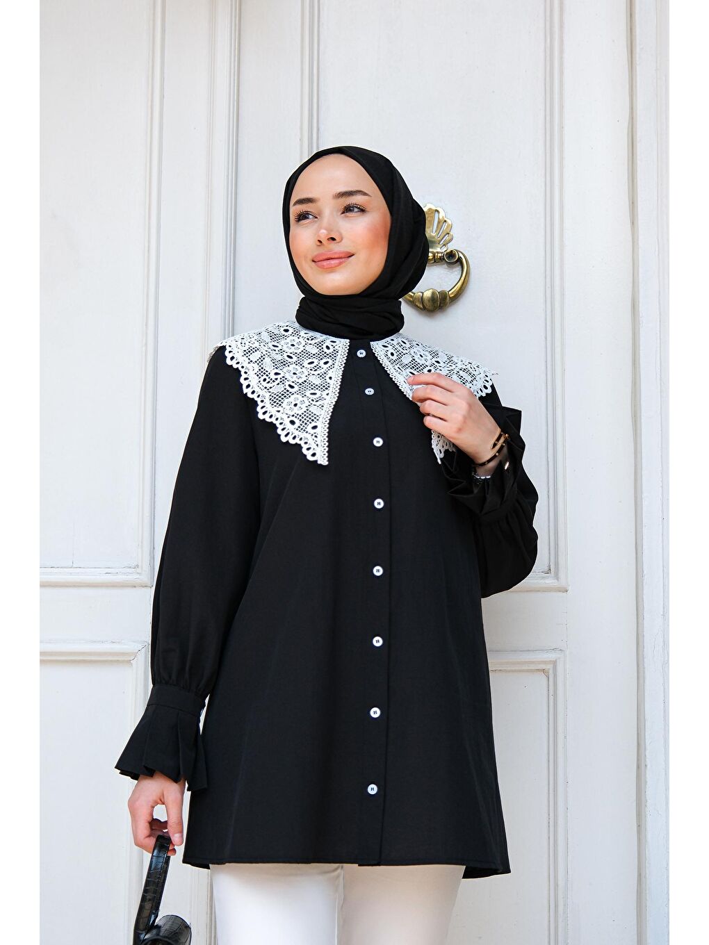 Kadın Dantel Detay Tesettür Gömlek Siyah-2