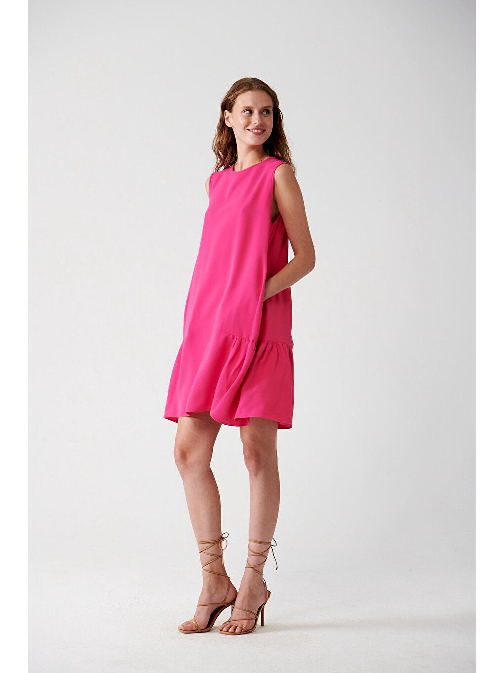 ADR Sıfır Kollu Dökümlü Elbise-Pembe-1