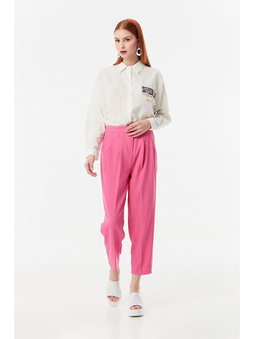 Fuşya Yüksek Bel Pileli Kumaş Pantolon