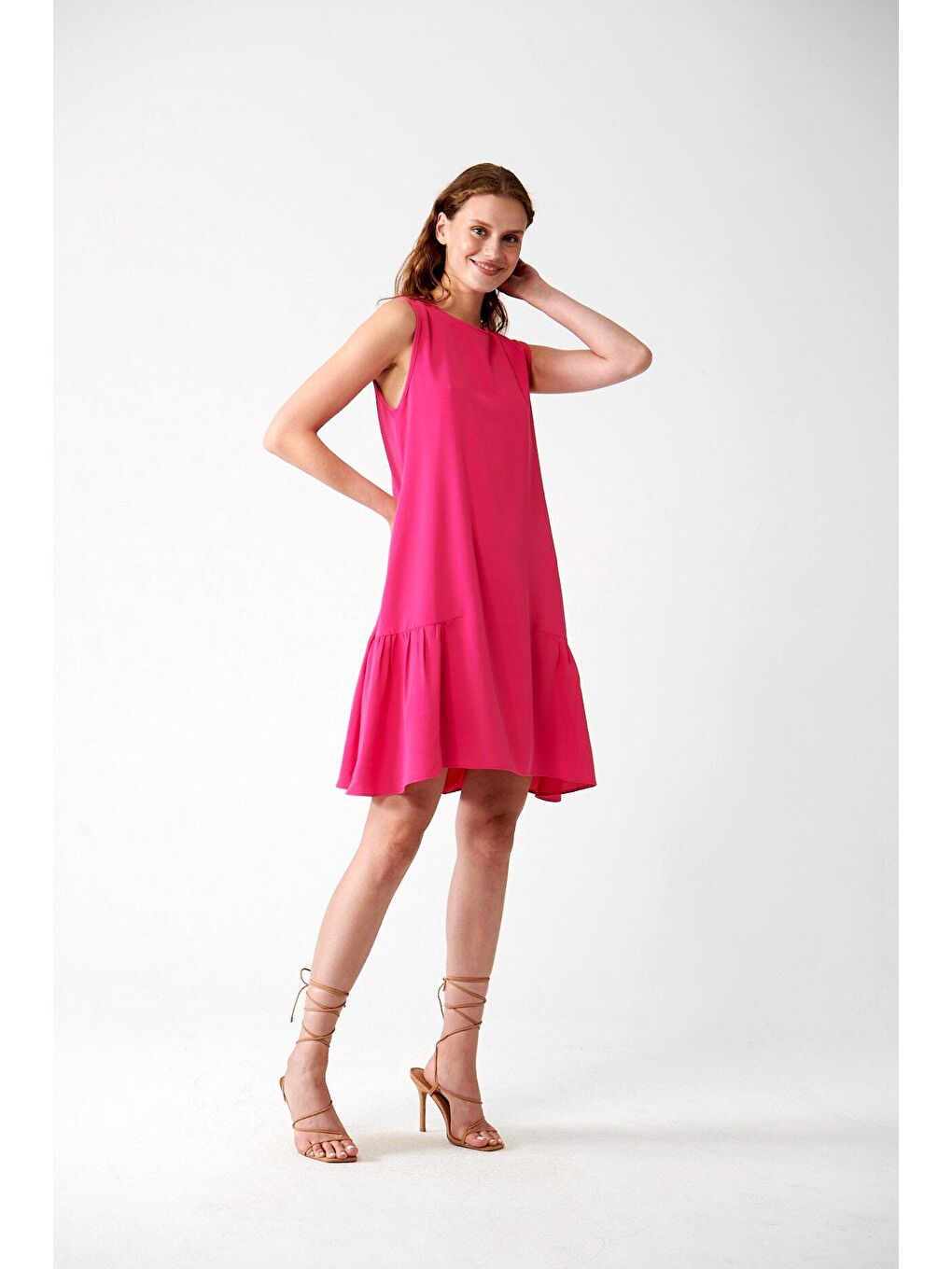 ADR Sıfır Kollu Dökümlü Elbise-Pembe-3