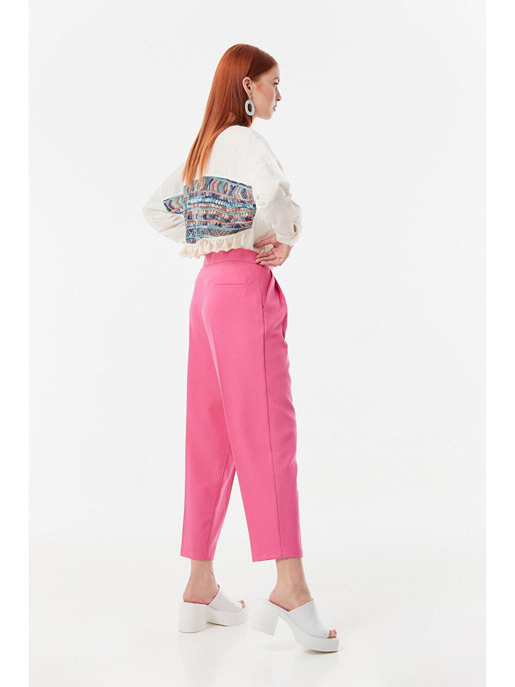 Fuşya Yüksek Bel Pileli Kumaş Pantolon-1
