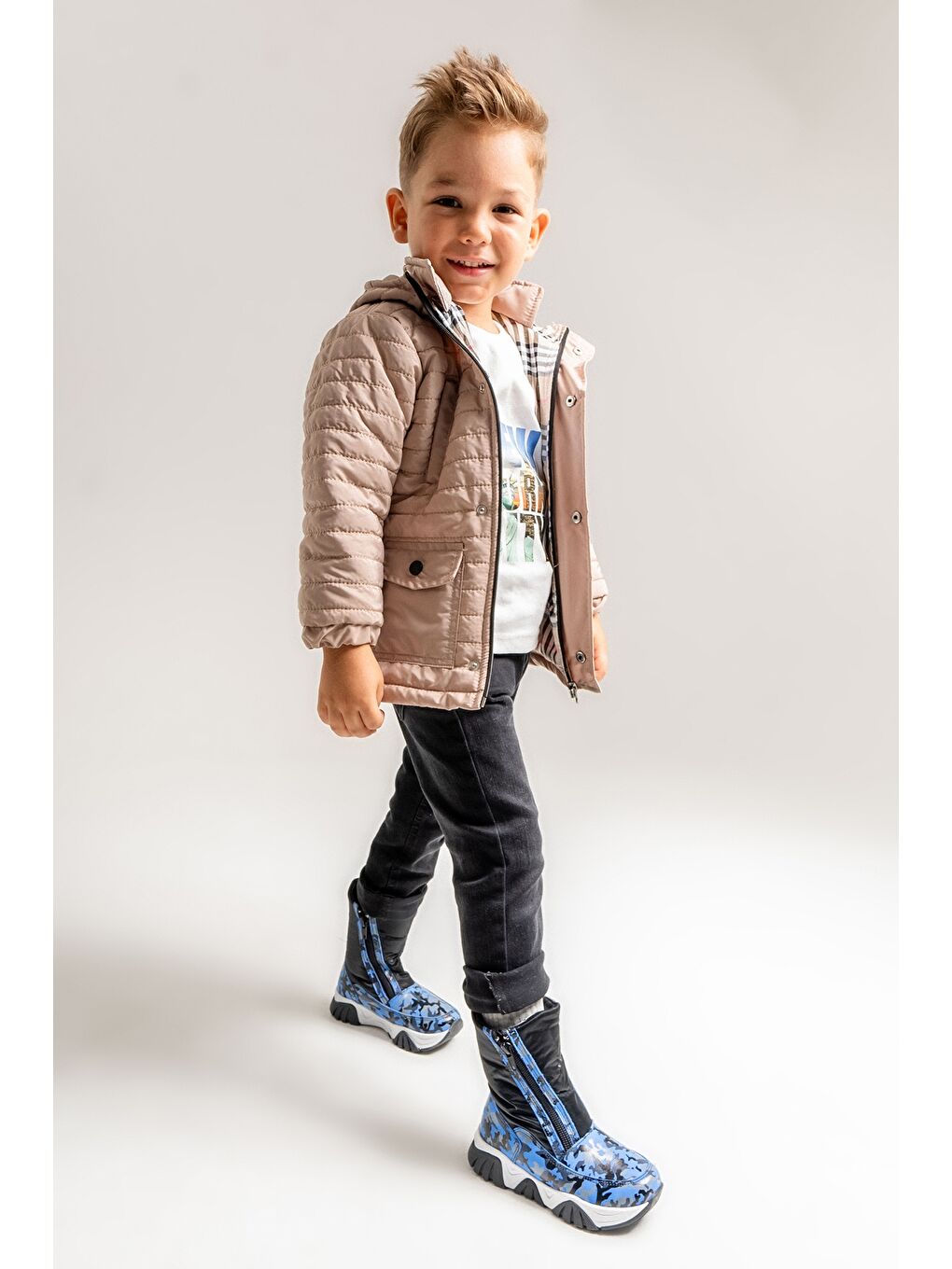 Erkek Çocuk Saks Mavi Hakiki Deri Kürklü Anatomik Kar Botu