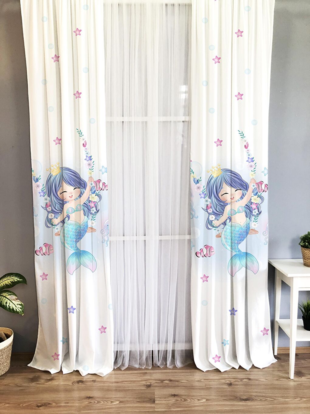 Karışık Deniz Kızı Desenli Çocuk Ve Bebek Odası TEK KANAT Fon Perde