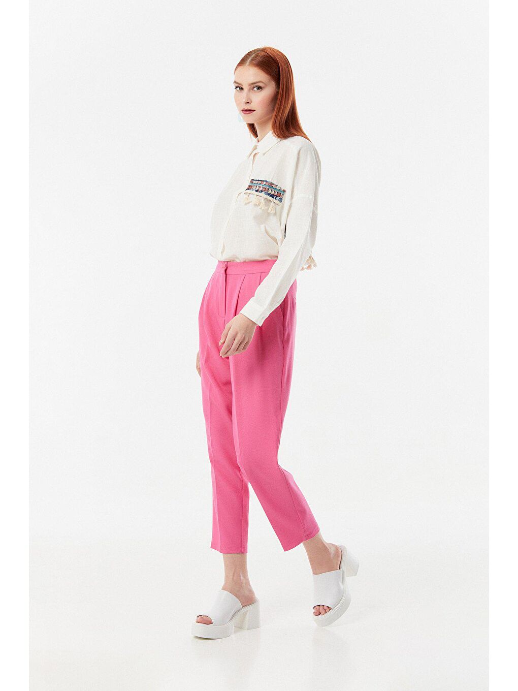 Fuşya Yüksek Bel Pileli Kumaş Pantolon-3