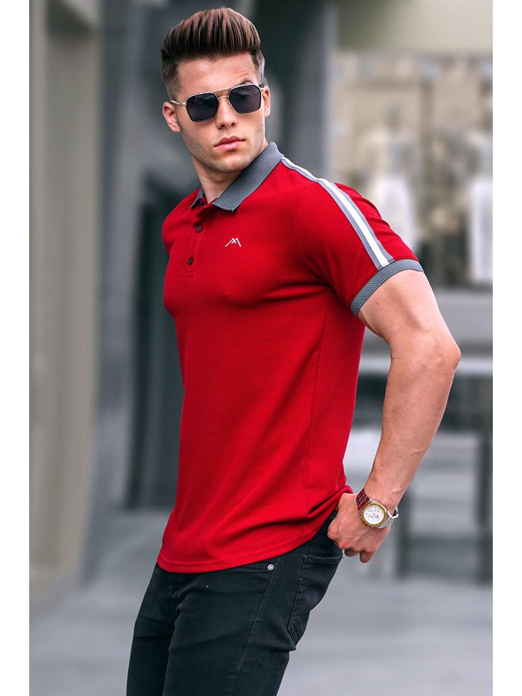 Bordo Kol Şeritli Polo Yaka Tişört 5888