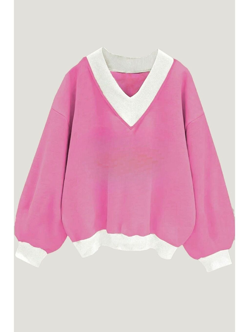 Kadın Pudra Pembe Düz V Yaka Oversize Sweatshirt-2