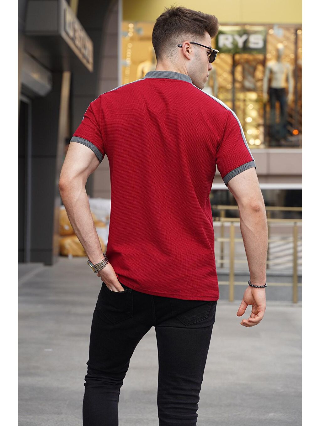 Bordo Kol Şeritli Polo Yaka Tişört 5888-1