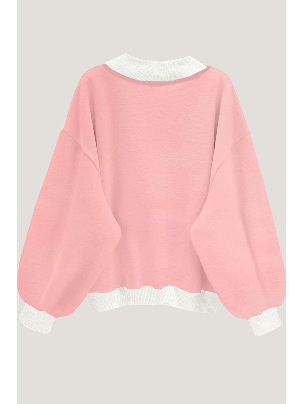 Kadın Pudra Pembe Düz V Yaka Oversize Sweatshirt-4
