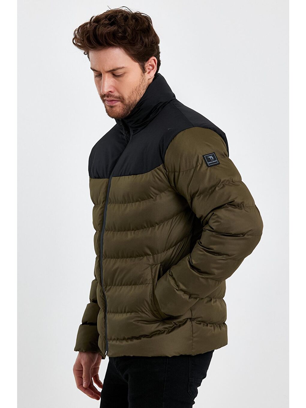 Erkek Siyah Haki Dolumlu Şişme Rahat Kesim Çift Renkli Fermuarlı Mont