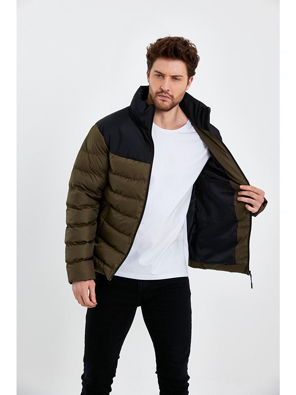 Erkek Siyah Haki Dolumlu Şişme Rahat Kesim Çift Renkli Fermuarlı Mont-2