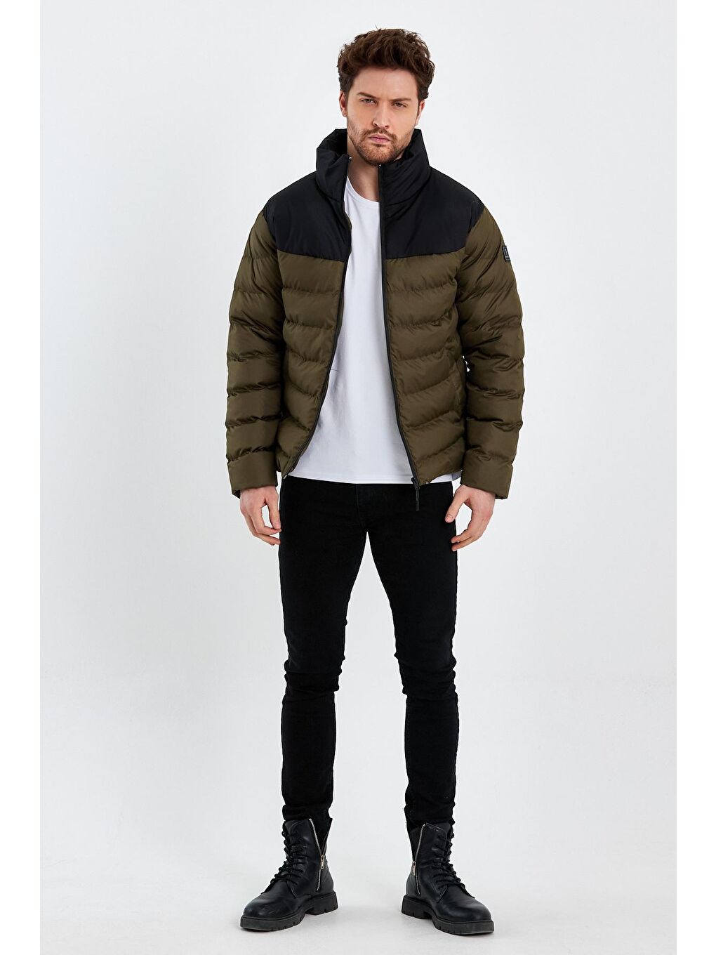 Erkek Siyah Haki Dolumlu Şişme Rahat Kesim Çift Renkli Fermuarlı Mont-3