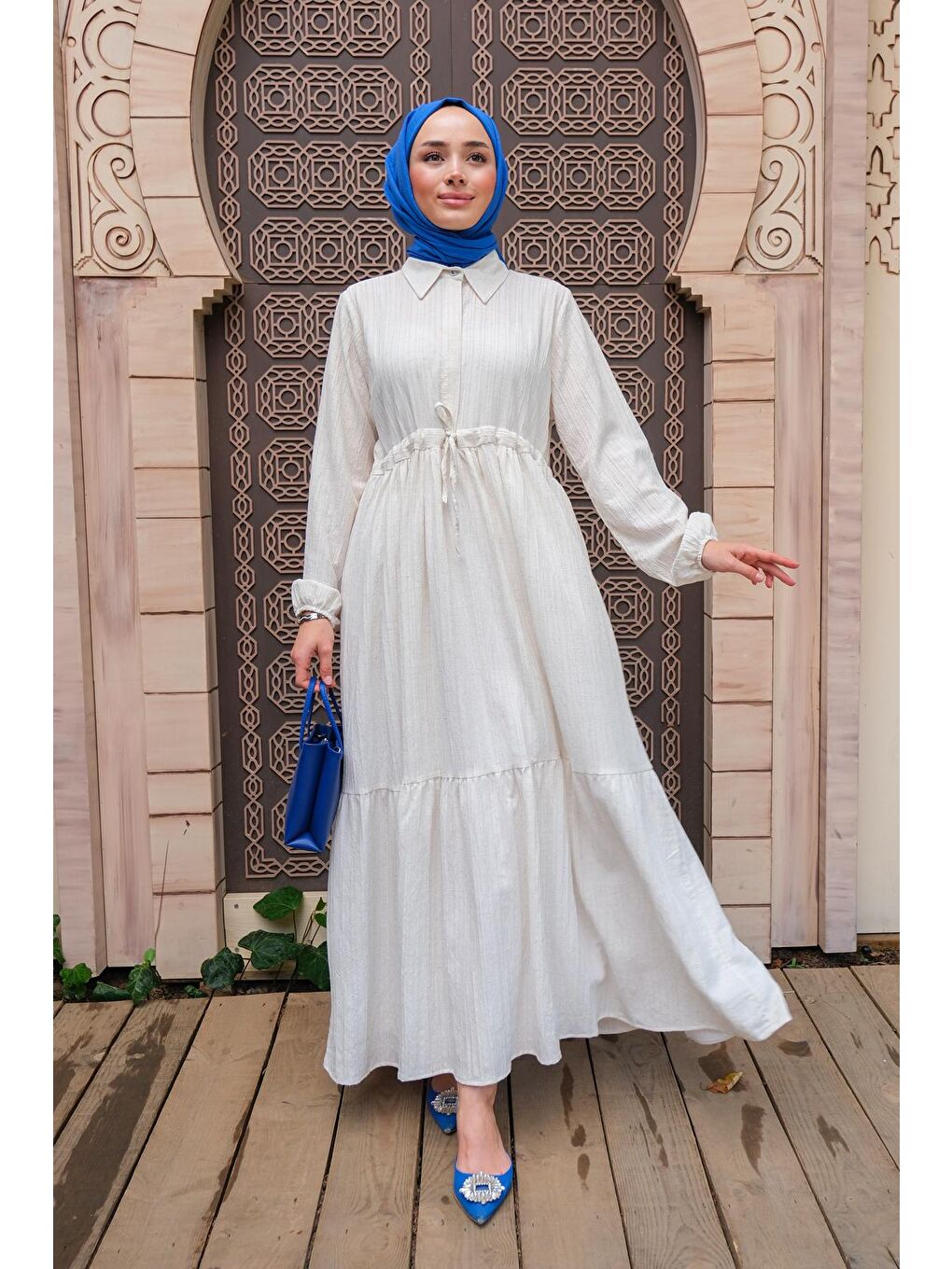 Bel Büzgülü Kadın Tesettür Elbise Ekru