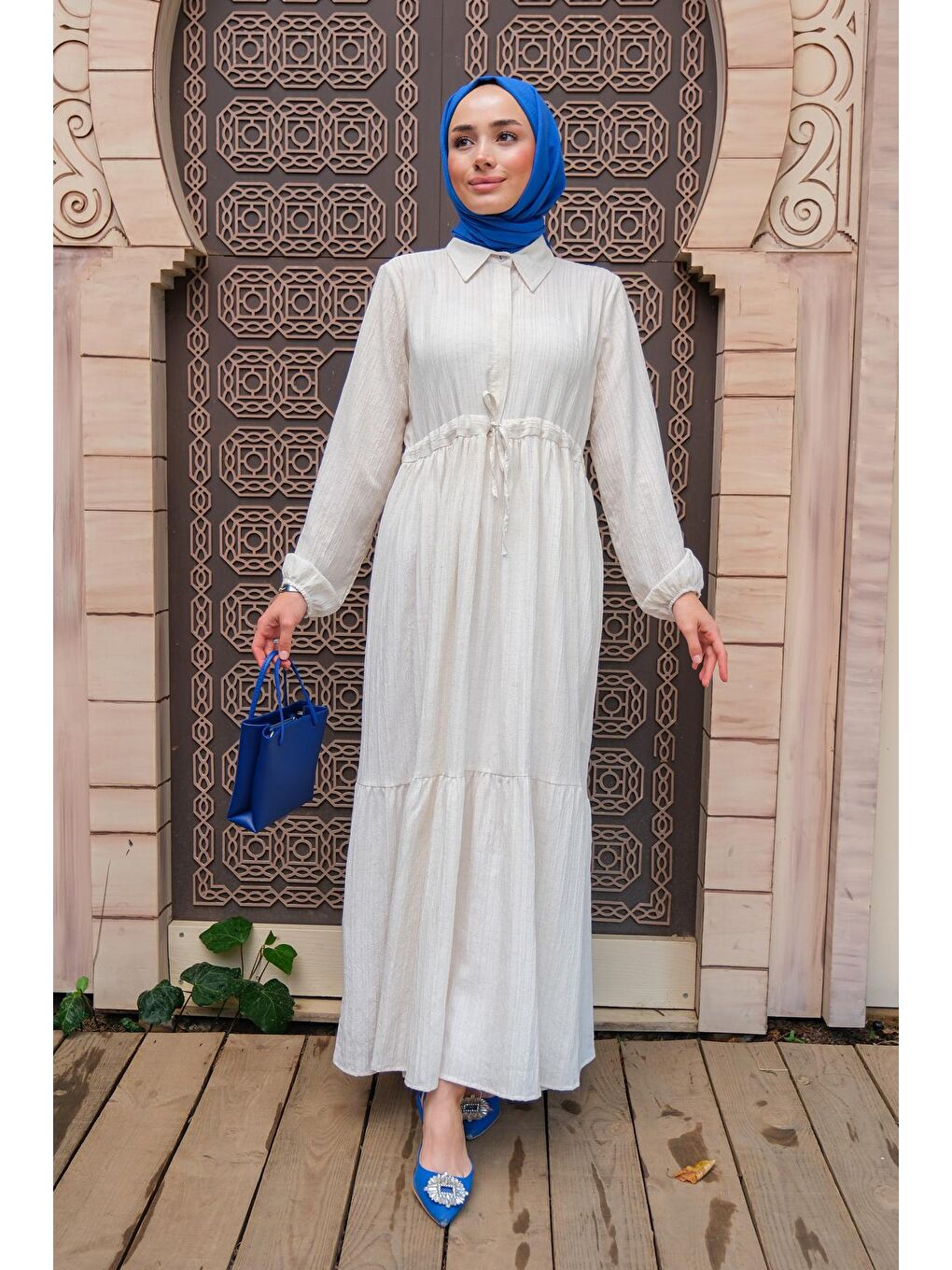 Bel Büzgülü Kadın Tesettür Elbise Ekru-1