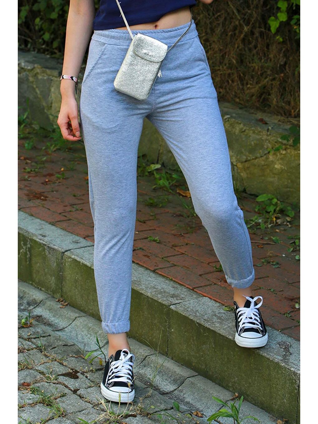 Gri Cepli Kadın Eşofman Altı Mg463-2