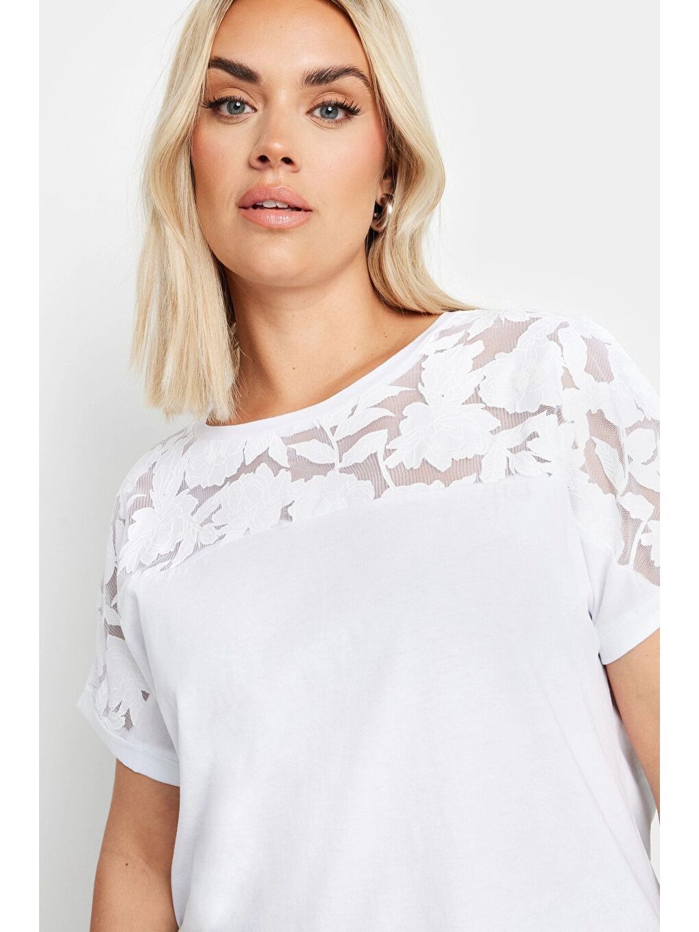 Beyaz Büyük Beden Bisiklet Yaka Tül Detaylı Kısa Kollu Tişört 321926-6