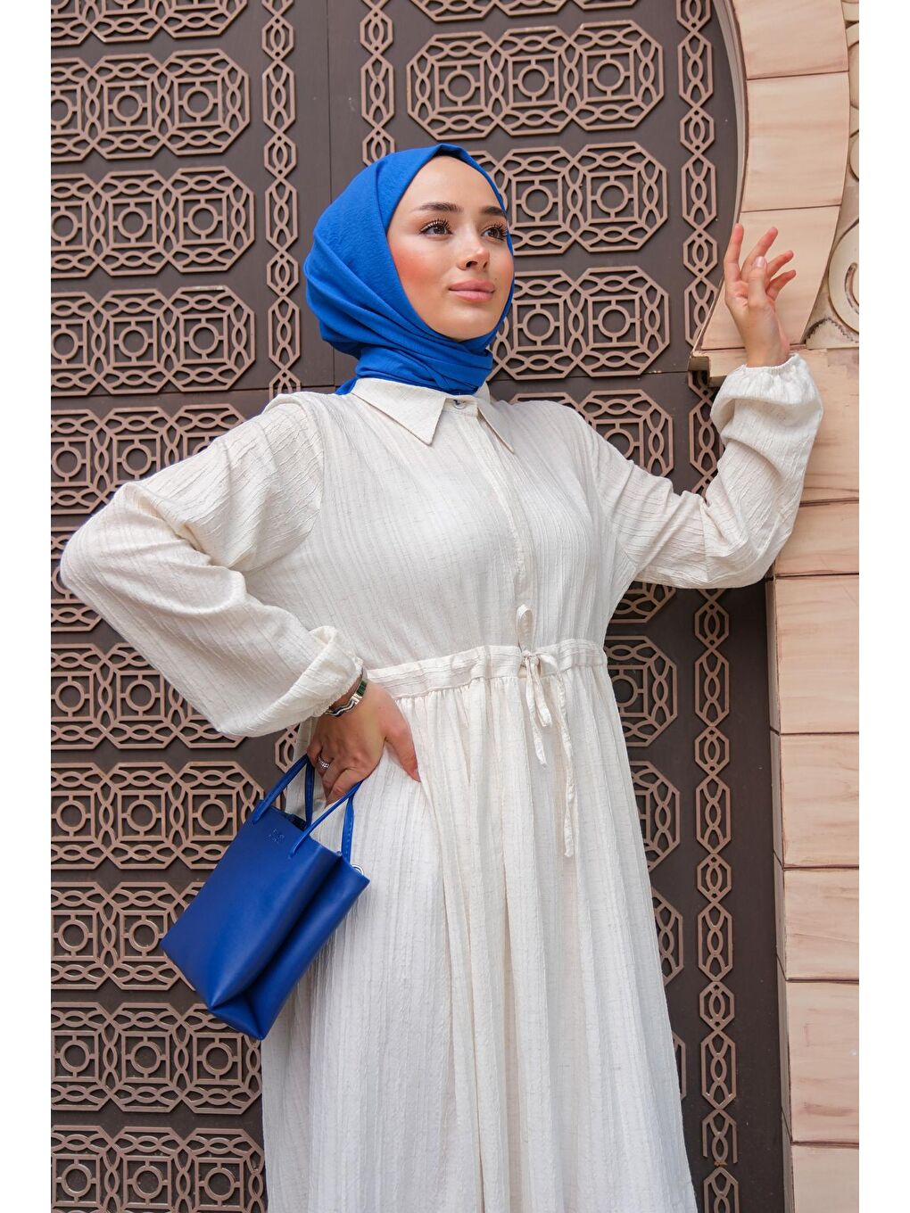 Bel Büzgülü Kadın Tesettür Elbise Ekru-2