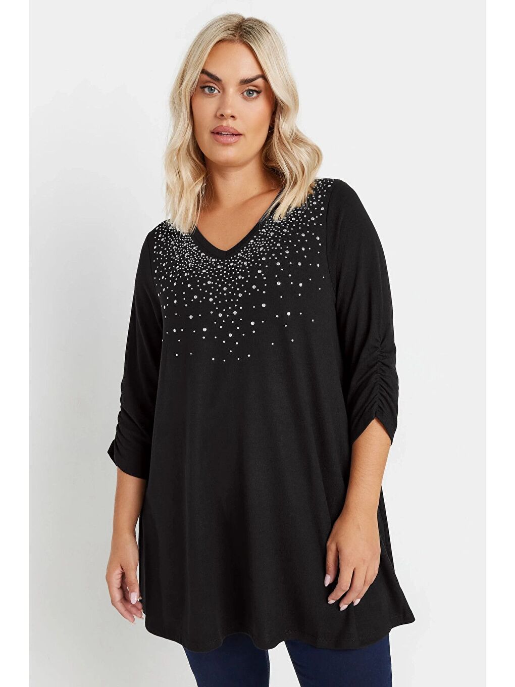 Siyah Büyük Beden V Yakası Taş İşlemeli Kolları Büzgülü Bluz 322223-6